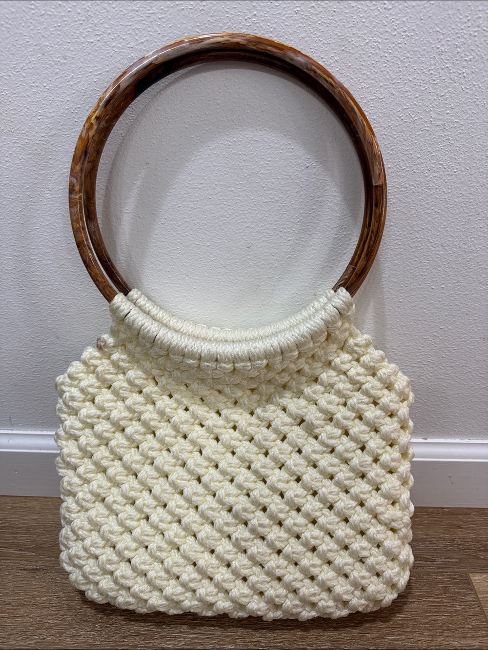 Handmade vintage Cream Woven Tote with Wooden Ring Handles - Picture 3 of 5